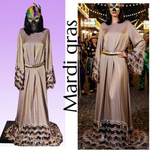 Mardi Gras Golden Sheen Gown With Mask Elegant Carnival Costume Size L